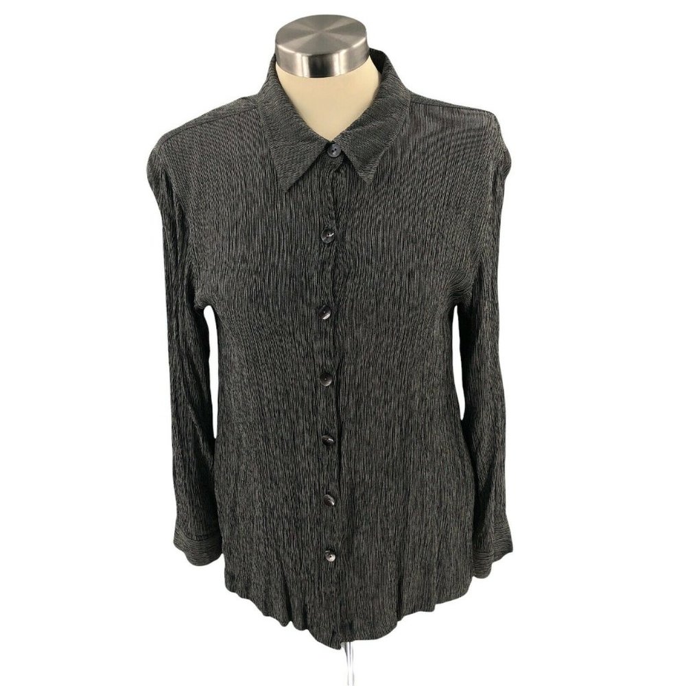 Chicos Womens Button Up 1 Medium Gray Black Shirt Long Sleeve Pinstripes Slit